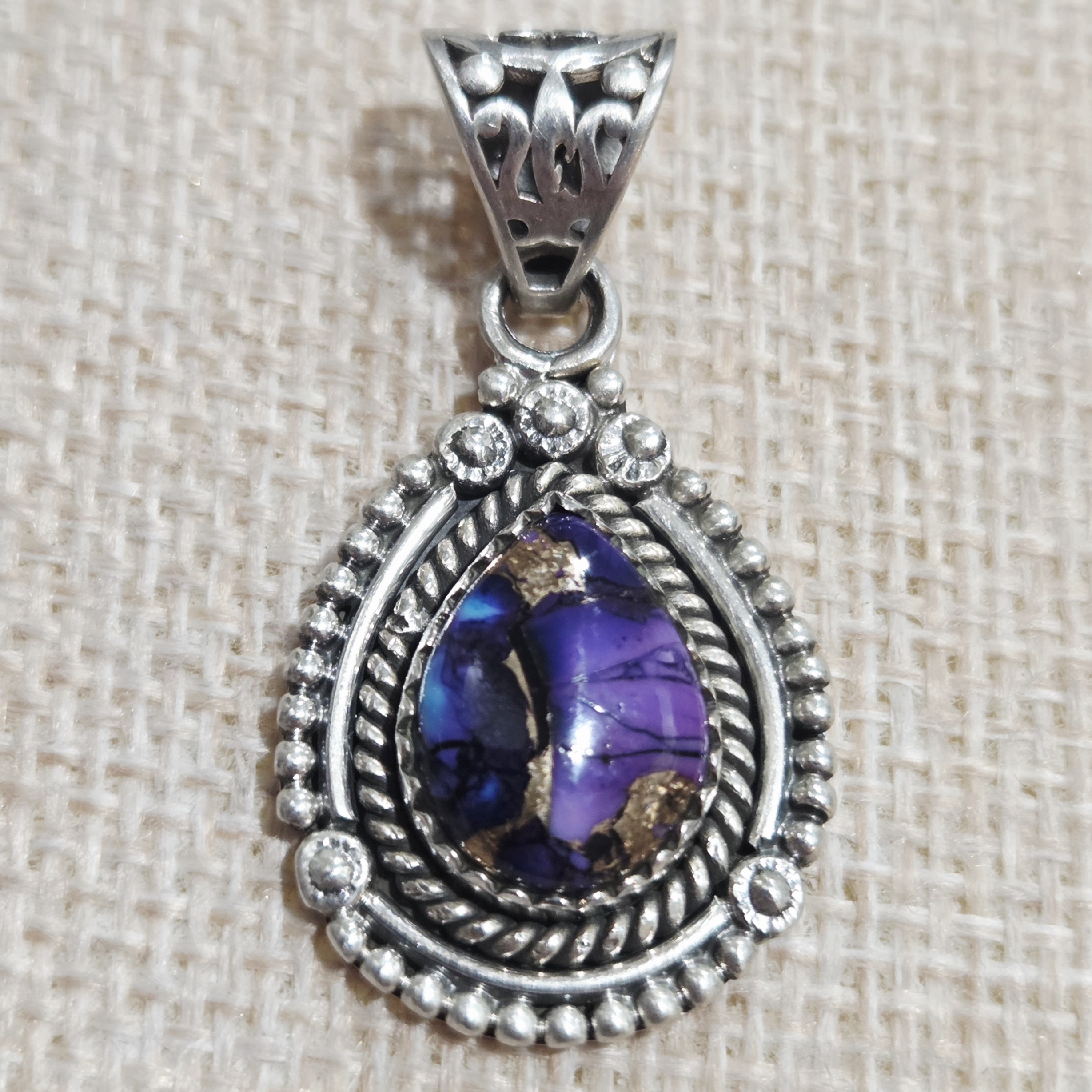Elegant Purple Dahlia Turquoise And Silver Pendant